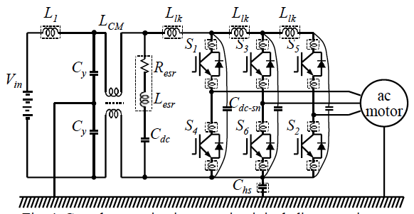 Complete traction inverter circuit including capacitors needed and all the parasitic leakage inductances